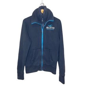 𝅺hollister Zip Up Sweatshirt Unisex Small S Gray Blue Trim Dual Collar Logo